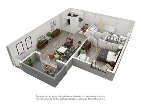 A 3D rendered image of a modern apartment layout.